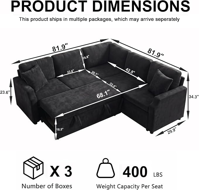 ROCANT 82 inch Modular Sectional Couch with Pull Out Bed, 5-Seat L-Shaped Chenille Sleeper Sofa with Reversible Chaise and 2 Pillows, Black