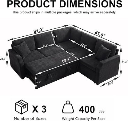 ROCANT 82 inch Modular Sectional Couch with Pull Out Bed, 5-Seat L-Shaped Chenille Sleeper Sofa with Reversible Chaise and 2 Pillows, Black
