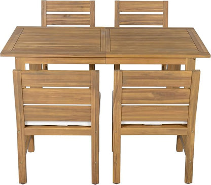 Quarte Premium 4-Piece Farmhouse Outdoor Dining Set in Solid Acacia Wood with Comfort Cushions and Adjustable Legs for Patio, Garden, Backyard (Beige+Natural5)