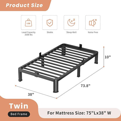 VIPSHOW 10 Inch Twin Heavy Duty 3500 lbs Bed Frame with Round-Corner Legs & Anti-Squeak Design – Quick Assembly Metal Platform, No Box Spring Needed