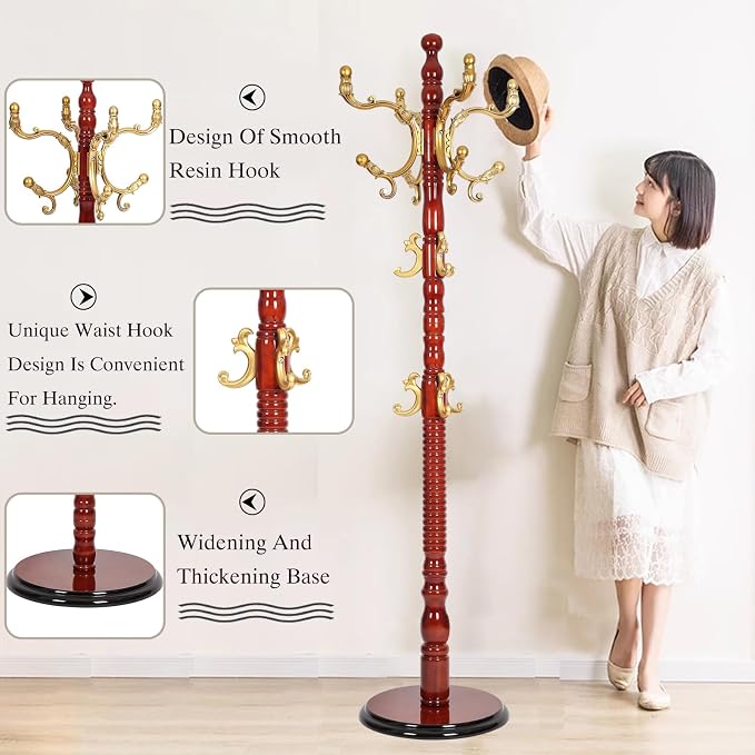 Wooden Coat Rack Freestanding, Hall Tree Hanger With Resin Hooks, Adjustable Heavy Duty Coat Rack for Hanging Clothes Bags Hats in Living Room Bedroom (coat rack, Round Base-Begonia Color)