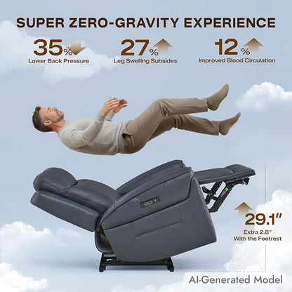 Watson & Whitely Super Zero Gravity Power Recliner Chair with Power Headrest, Genuine Leather Recliner with USB & Type-C Ports, Electric Reclining Sofa Chair for Living Room, Bedroom, Navy Blue