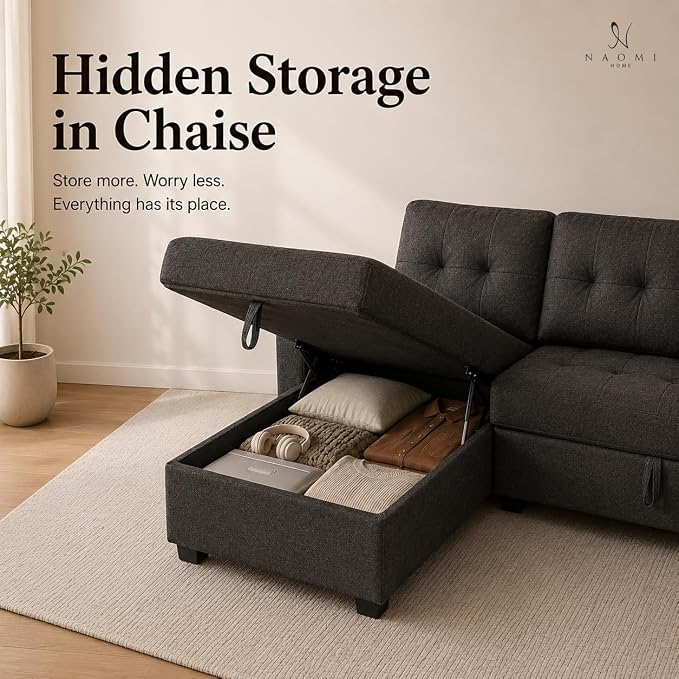 Naomi Home 84" L-Shaped Sectional Sleeper Sofa with Pull Out Bed | Sleeps guests comfortably, stores essentials in chaise & saves space, Velvet, Espresso convertible sofa bed
