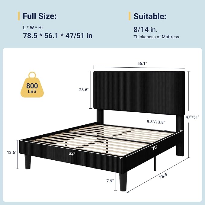 Allewie Full Size Upholstered Bed Frame with Vertical Channel Tufted Headboard, Soft Corduroy Fabric Platform Bed, Strong Wooden Slats Support, Easy Assembly, No Box Spring Needed, Black