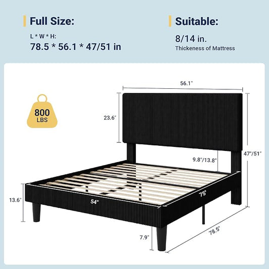 Allewie Full Size Upholstered Bed Frame with Vertical Channel Tufted Headboard, Soft Corduroy Fabric Platform Bed, Strong Wooden Slats Support, Easy Assembly, No Box Spring Needed, Black