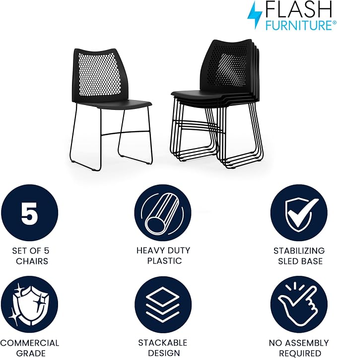 Flash Furniture Hercules Series Contoured Lobby Chairs with Air-Vent Honeycomb Backs, Ergonomic Stacking Chairs for Offices, Set of 5, Black