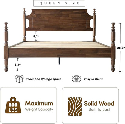Solid Wood Queen Size Platform Bed Frame with Headboard & Footboard, Central Metal Legs, 12 Durable Slats Base, Anti-Slip & Noise-Free, Easy Assembly, No Box Spring Needed, Walnut Finish, ROQ-37