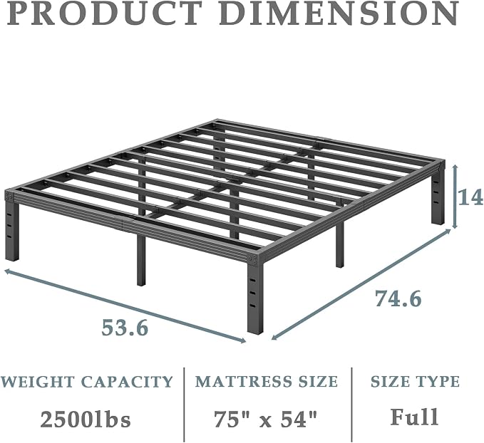 FSCHOS 14 Inch Metal Platform Full-Size Bed Frame No Box Spring Needed, Heavy Duty, Noise Free, Black
