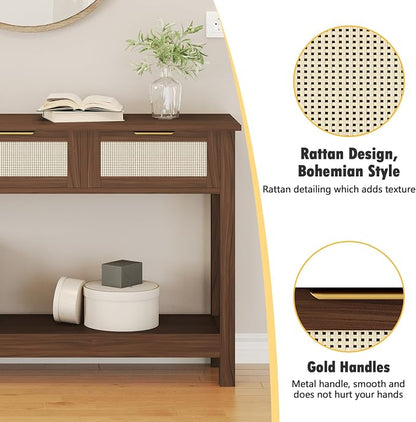 Luoxiao Console Table for Entryway with 3 Rattan Drawers Storage Open Shelf | Narrow Entry Table for Hallway, Foyer, Couch, Front Entrance, Anti-Tip, Easy to Assemble, 47 Inch, Walnut, Mid-Century Modern