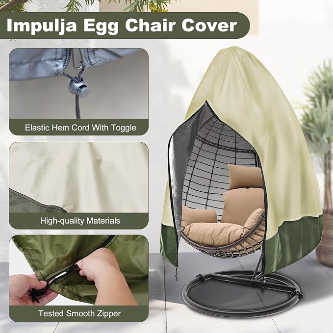 Egg Chair Cover Waterproof, 75x45 Inch Outdoor Hanging Egg Swing Chair Cover, Heavy Duty 420D Oxford Fabric, UV Resistant Windproof with Zipper & Drawstring, Fits Single Seat Egg Chair (Beige)