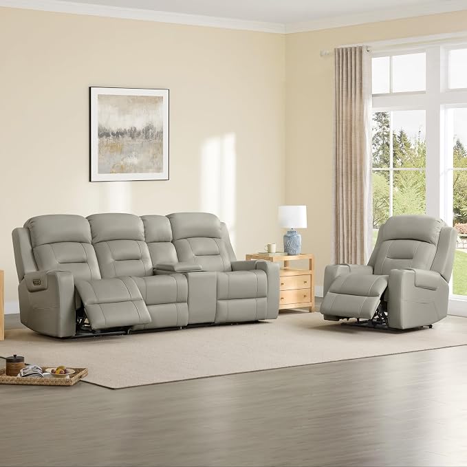Watson & Whitely Genuine Leather Power Recliner Sofa, Lay Flat Reclining Sofa with Storage Console, Power Headrest & Cup Holders, 3 Seater Electric Reclining Couch for Living Room, Grey