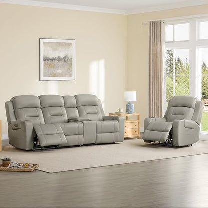 Watson & Whitely Genuine Leather Power Recliner Sofa, Lay Flat Reclining Sofa with Storage Console, Power Headrest & Cup Holders, 3 Seater Electric Reclining Couch for Living Room, Grey