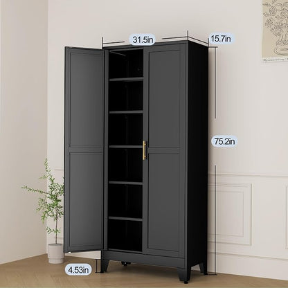 Black Metal Storage Cabinet,75" Steel Cabinets for Home Office | Kitchen Pantry Storage Cabinet with Doors and 5 Adjustable Shelves, Tool Cabinets, for Office, Home, Garage, School