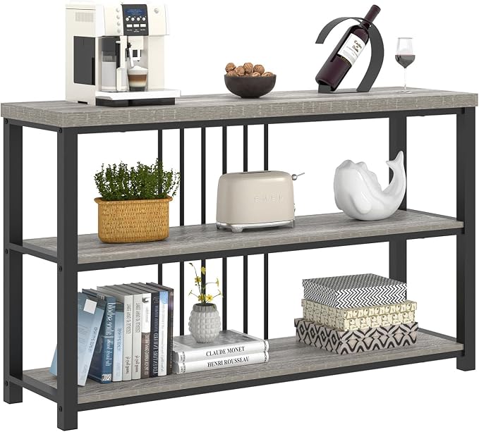FOLUBAN Console Tables for Entryway, Sofa Table with 3 Tier Storage for Living Room Hallway Foyer Behind Couch, Rustic Light Grey
