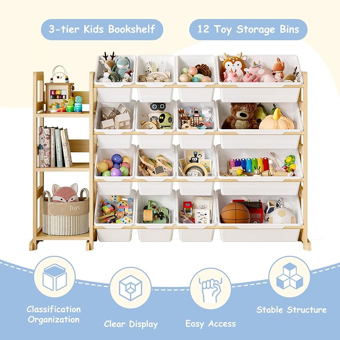 EXPERLAM Toy Storage Organizer, Toy Storage Shelf with 3 Shelves and 16 Storage Bins (12 Small + 4 Large), 3-in-1 Kids Bookshelf for Kids Rooms, Playroom, Nursery, White