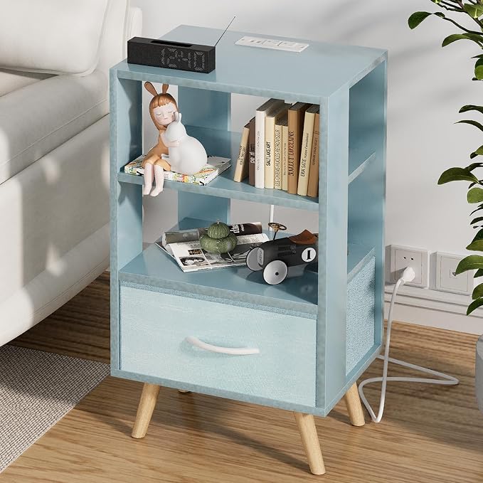 Aenuert Night Stand with Charging Station, Blue Nightstand with Drawer, 3-Tier Wooden Bedside Table with USB Ports and Outlets, End Table for Small Space, Living Room, Bedroom