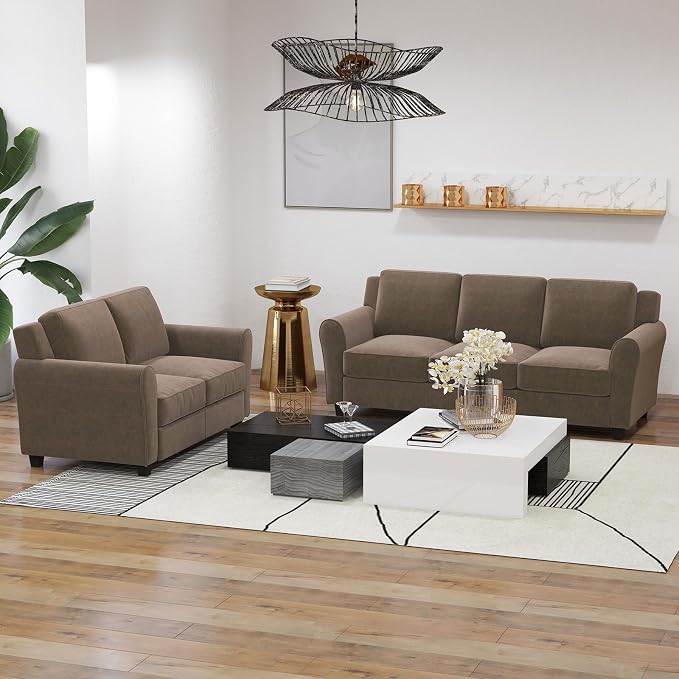 Bonzy Home 2 Piece Sofa Set, 2-Seater & 3-Seater Sofa Couch, Modern Comfy Living Room Set with Thick Cushion, Ideal for Apartment Office, Brown