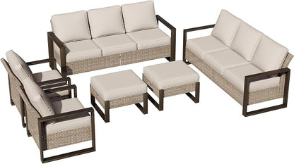 Joyside Outdoor Patio Chairs, 5 Pieces Wicker Rattan Furniture Set, 2 Patio Chairs, 2 Sofa and 2 Ottoman, Metal Wide Armrest, Thick Cushions and Deep Seating for Garden, Backyard, Porch, Deck