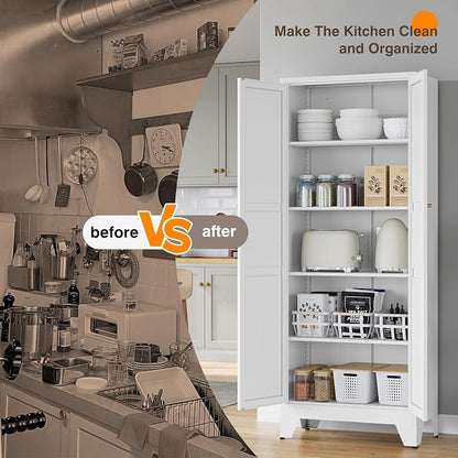 Yizosh Metal Pantry Cabinet, 75" Kitchen Pantry with 2 Door and 4 Adjustable Shelves,White Metal Pantry Storage Cabinet,Cupboard for Kitchen,Dining Room,Living Room and Bathroom