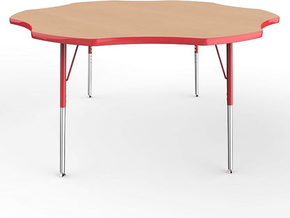 FDP Flower Activity School and Office Table (60 inch), Standard Legs with Swivel Glides for Collaborative Seating Environments, Adjustable Height 19-30 inches - Maple Top and Red Edge