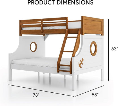 Furniture of America Kirsen Modern Solid Wood Twin Over Full Bunk Bed, No Box Spring Required, Boat Theme, for Kids, Boys, Girls, Bedroom, Dorm, Oak/White, No Trundle