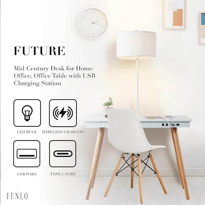 FENLO Future 39" Mid Century Modern Desk for Home Office, Office Desk with USB Charging Station, Wireless Charging, USB, USB-C Ports, White