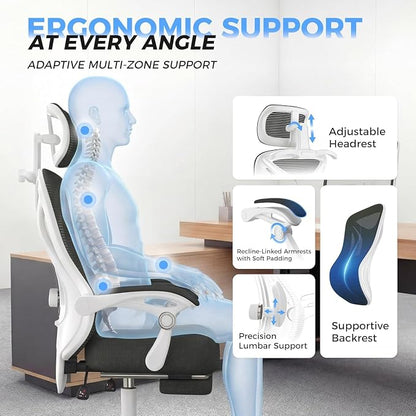 CYKOV Ergonomic Office Chair with Footrest - Adjustable Lumbar Support & Headrest, 90-135° Reclining Mesh Back Computer Chair - Home Office/Gaming, 350lbs Capacity