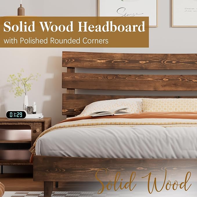 LUXOAK 14 Inch Solid Wood Bed Frame with Headboard, Japanese Bed Frame, Mid-Century Style Queen Size Platform Bed with Wood Slats Support, No Box Spring Needed, Easy Assembly, Chocolate