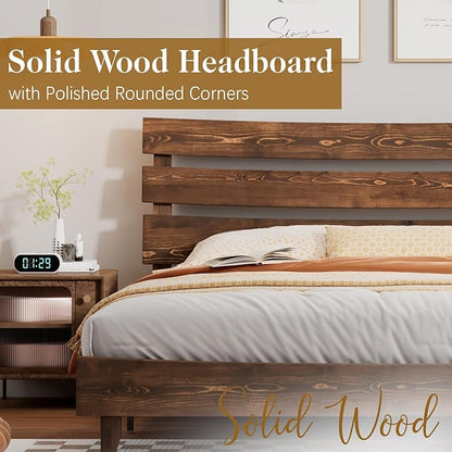 LUXOAK 14 Inch Solid Wood Bed Frame with Headboard, Japanese Bed Frame, Mid-Century Style Queen Size Platform Bed with Wood Slats Support, No Box Spring Needed, Easy Assembly, Chocolate
