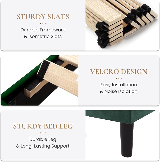 SHA CERLIN Queen Size Platform Bed Frame, Velvet Upholstered Bed with Adjustable Headboard, Vertical Channel Tufted Design, Sturdy Wood Slat Support, No Box Spring Needed, Easy Assembly, Green