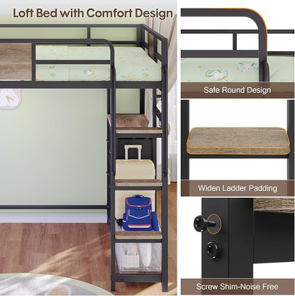 Dnxao Twin Loft Bed with Desk, Heavy Duty Twin Bed Frame with Integrated 6 Storage Drawers & DIY Pegboard, Smart LED Lights, Charging Station with Type-C, Space-Saving Workstation for Teens,Oak Gray