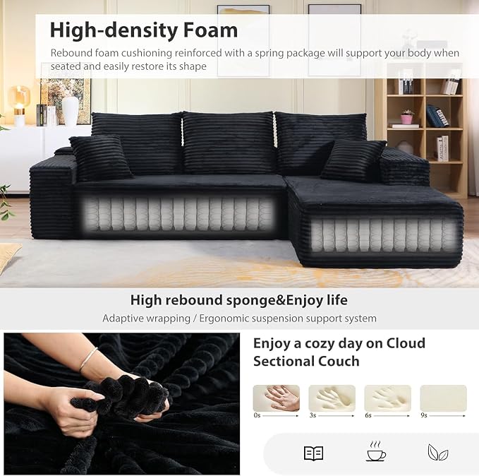 107.5" Cloud Sectional Couch L-Shaped Chaise, Comfy Corduroy Boneless Couch for Living Room Bedroom, Deep Seat Upholstered Modular Cloud Sofa Sleeper, No Assembly Required (Black, Right Facing Chaise)