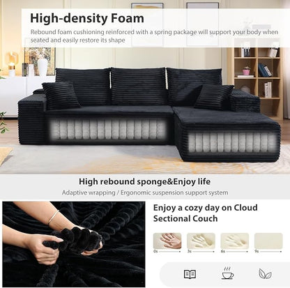 107.5" Cloud Sectional Couch L-Shaped Chaise, Comfy Corduroy Boneless Couch for Living Room Bedroom, Deep Seat Upholstered Modular Cloud Sofa Sleeper, No Assembly Required (Black, Right Facing Chaise)