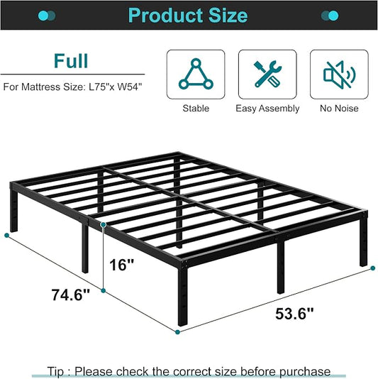 Maenizi Full Size Bed Frame No Box Spring Needed, 16 Inch Heavy Duty Metal Platform Bed Frame Full Support Up to 3000 lbs, Easy Assembly, Noise Free, Black
