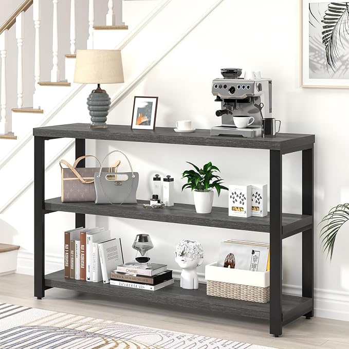 EXCEFUR 47 Inch Rustic Metal and Wood Entryway Table, Console Table Behind Couch with 3 Tier Storage Shelves, Sofa Table for Living Room Hallway Foyer, Industrial Grey