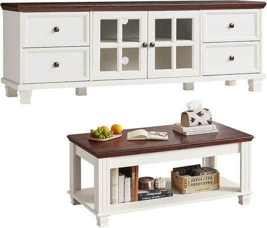 SAVOR LIFE Farmhouse TV Stand and Coffee Table Set, Living Room Furniture Set with TV Console and Center Table, White