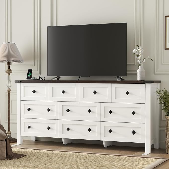 Gyfimoie 10-Drawer Dresser, 63" Farmhouse Wood Storage Chest of Drawers, Long Dresser TV Stand for TVs up to 75", Vintage Wide Dressers Organizer with Metal Handles for Bedroom, White