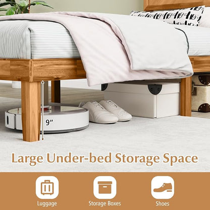 KOMFOTT Twin Size Wood Bed Frame with Headboard, Solid Acacia Wood Platform Bed Frame, Wooden Slats Supported Bed Base with Under-Bed Storage Space, No Box Spring Needed Mattress Foundation