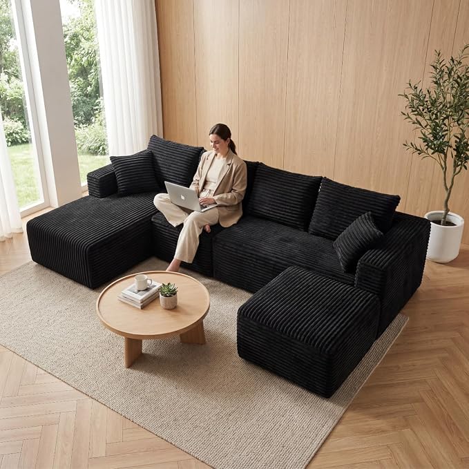 118" Modular Sectional Sofa with Chaise&Ottoman,Oversized U-Shaped Corduroy Cloud Couch, Deep Seat Boneless Couch for Living Room, No-Assembly,Black(Left Facing Chaise)