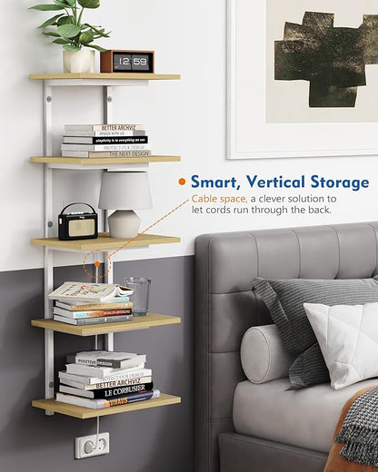 Harwaya White and Natural Tiered Wall Shelf Unit, 5 Tier Display Floating Shelves, Deep Hanging Wall Shelving Unit for Living Room Plants TV, Bedroom Books, Office Décor (White and Natural Wood)