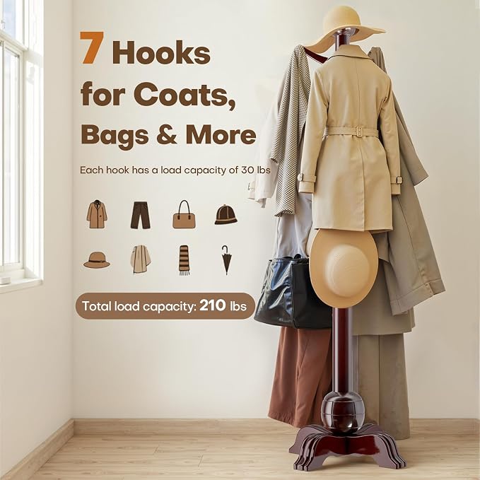 Hall Tree, Freestanding Wood Tree Rack with 7 Hooks, Coat Rack with Stable Sphere Base, Wooden Coat Rack Stand, Load 210 lb, Coat Hanger Stand for Entryway, Hallway, Bedroom (Black-Red)