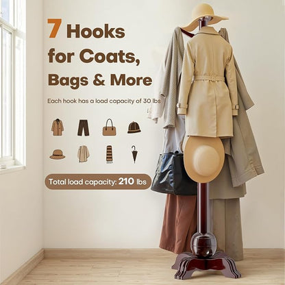 Hall Tree, Freestanding Wood Tree Rack with 7 Hooks, Coat Rack with Stable Sphere Base, Wooden Coat Rack Stand, Load 210 lb, Coat Hanger Stand for Entryway, Hallway, Bedroom (Black-Red)