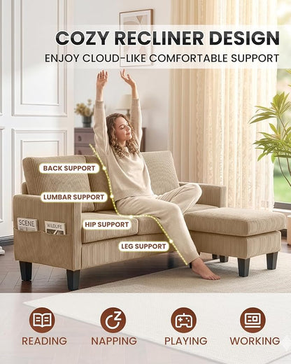 Karl home 67" Small Sectional Couch L Shaped Sofa, Khaki | Movable Storage Ottoman, Corduroy Upholstered, Sofa Chaise, Side Pockets 5.9" Sofa Legs for Living Room, Apartment, Studio