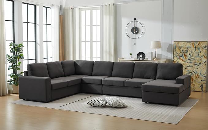 Ball & Cast 147" L-Shaped Sectional Couches for Living Room with Reversible Chaise&Removable Back Cushions,7 Seat Linen Upholstered Convertible Sectional Sofa,DIY Combination,for Home,Office,Dark Gray
