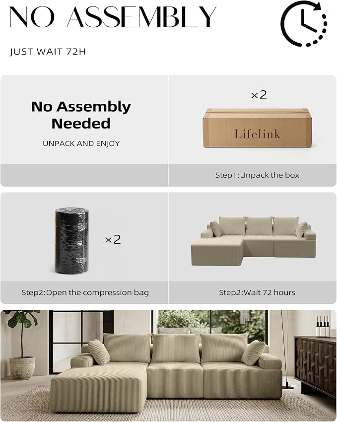 Lifelink 108" Boneless Couch L-Shaped - Modular Sectional Couches for Living Room Cloud Sofa with Deep Seat High Back Oversized Left Facing Chaise No Assembly Required