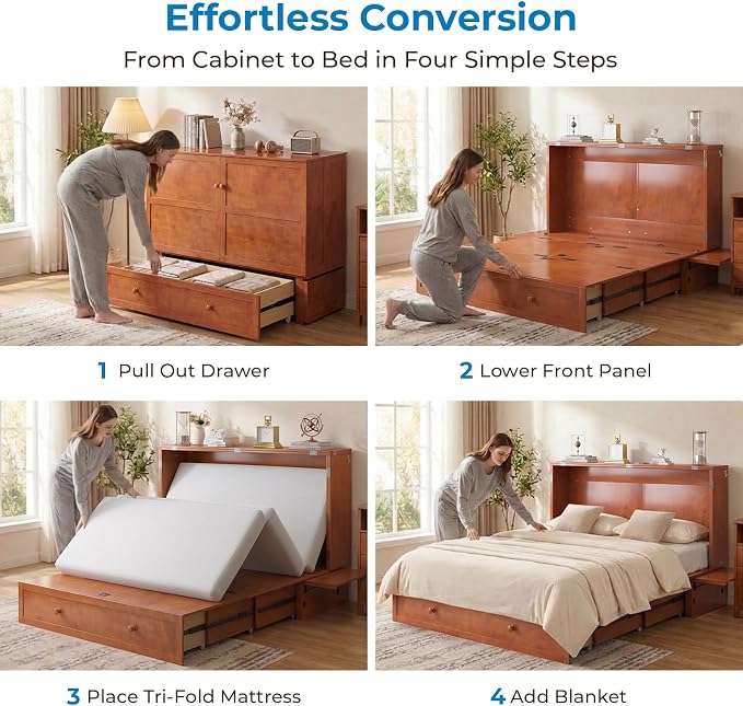 Mjkone Queen Murphy Bed Cabinet with Mattress Included, Cabinet Murphy Chest Bed with Drawer and USB Charging, Bedside Panel, Convertible Hidden Guest Wall Beds for Bedroom, Apartment - Cherry