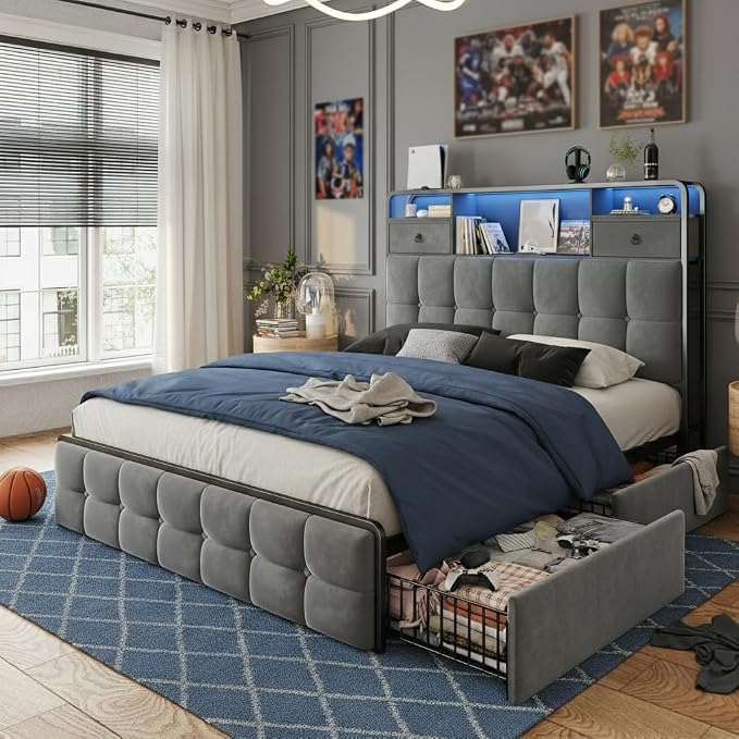 EnHomee Full Size Bed Frame with Velvet Upholstered Headboard and 6 Storage Drawers,Modern Bed Frame Full with LED Lights and Charging Station,No Box Spring Needed,Noise-Free, Easy Assembly,Grey