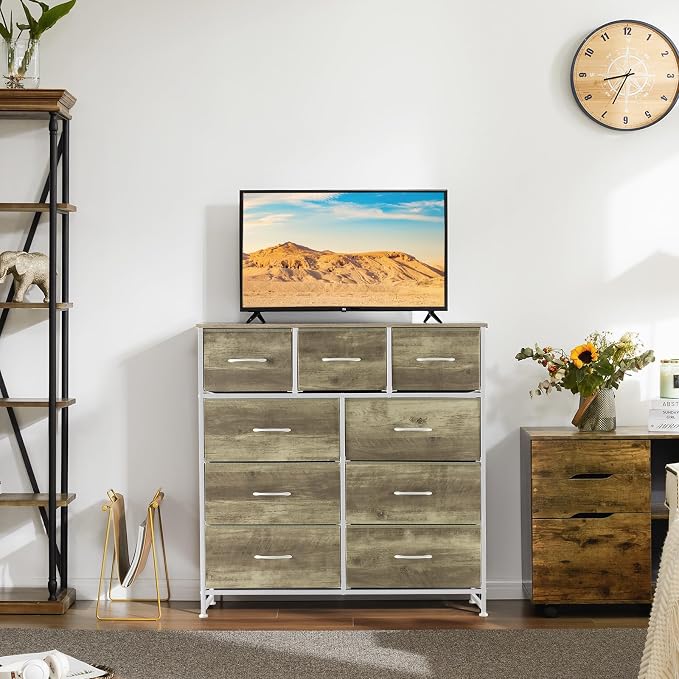DUMOS 9 Drawer Dresser for Bedroom, Storage Organizer Chest of Drawers | Fabric Bins Storage Tower with Sturdy Metal Frame, Wood Tabletop for Closet, Gold