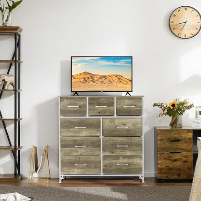 DUMOS 9 Drawer Dresser for Bedroom, Storage Organizer Chest of Drawers | Fabric Bins Storage Tower with Sturdy Metal Frame, Wood Tabletop for Closet, Gold