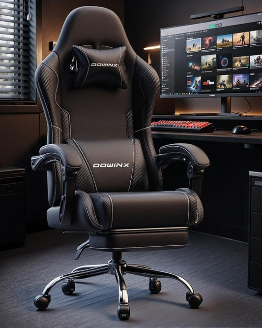 Dowinx Ergonomic Gaming Chair with Footrest & Massage Lumbar, 2D-Linkage Armrests for Computer Chair 330lbs with Headrest Pillow for Office, Home, Streaming and Long Gaming Sessions, Black
